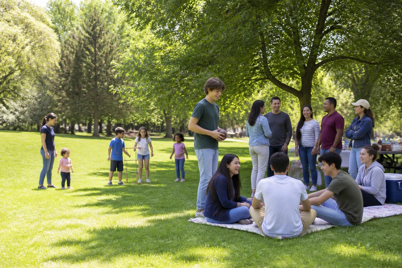 Parents supervising children, teenagers, and young adults spending time together in a community park