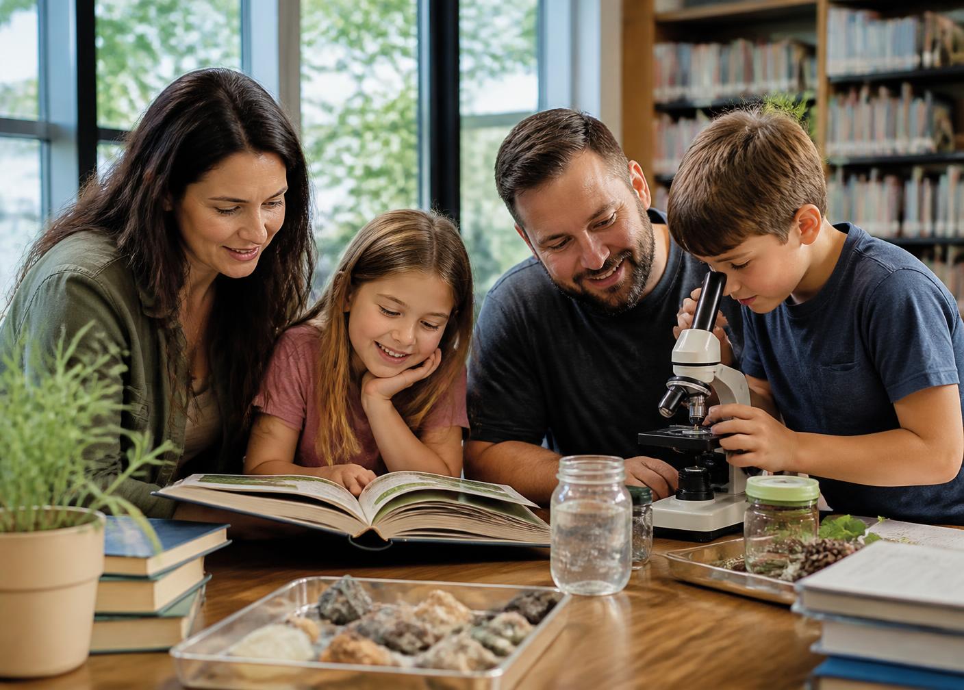 Parents helping children explore shared interests together
